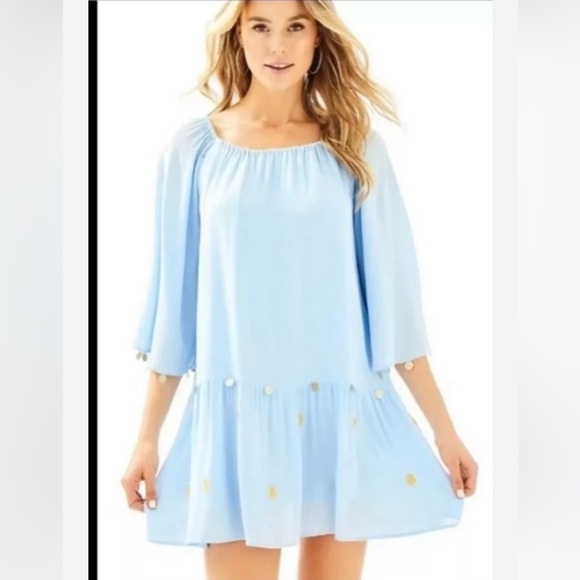 Lilly Pulitzer blue Delaney tunic dress with gold embroidered seashells - Picture 5 of 17